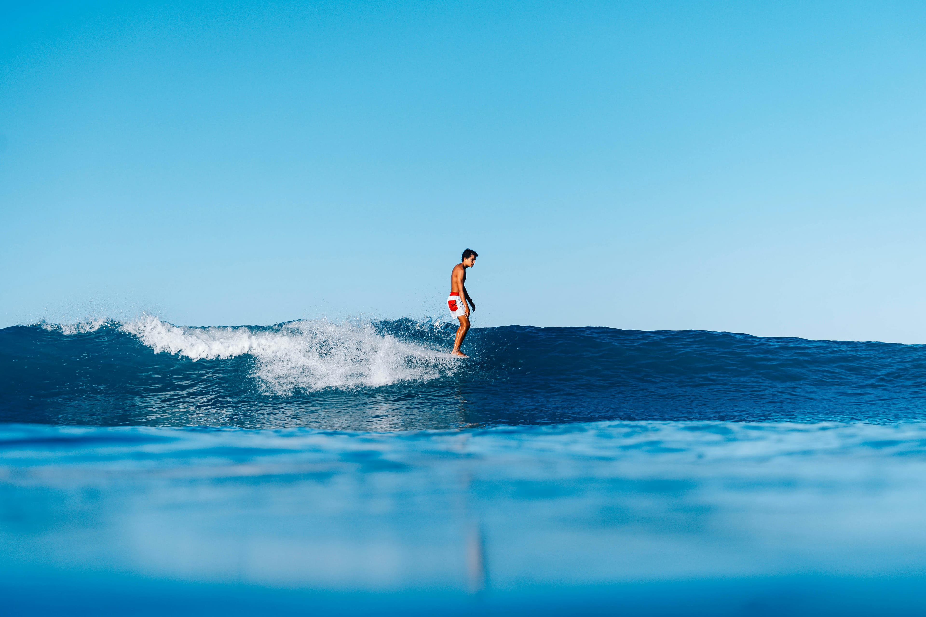 Surfer carving wave at sunset